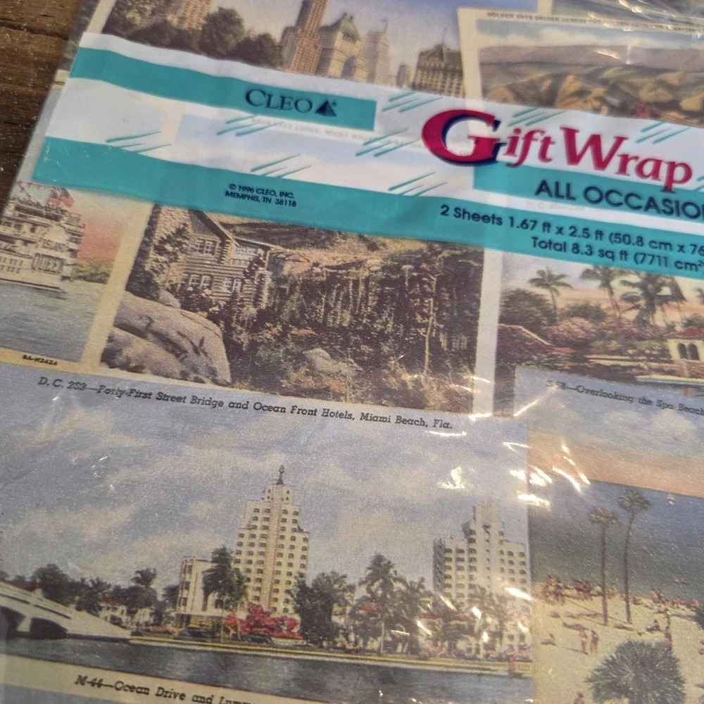 Cleo Gift Wrap All Occasion Destinations NYC‎ Florida 2 Sheets 1.67' x 2.5' 1996